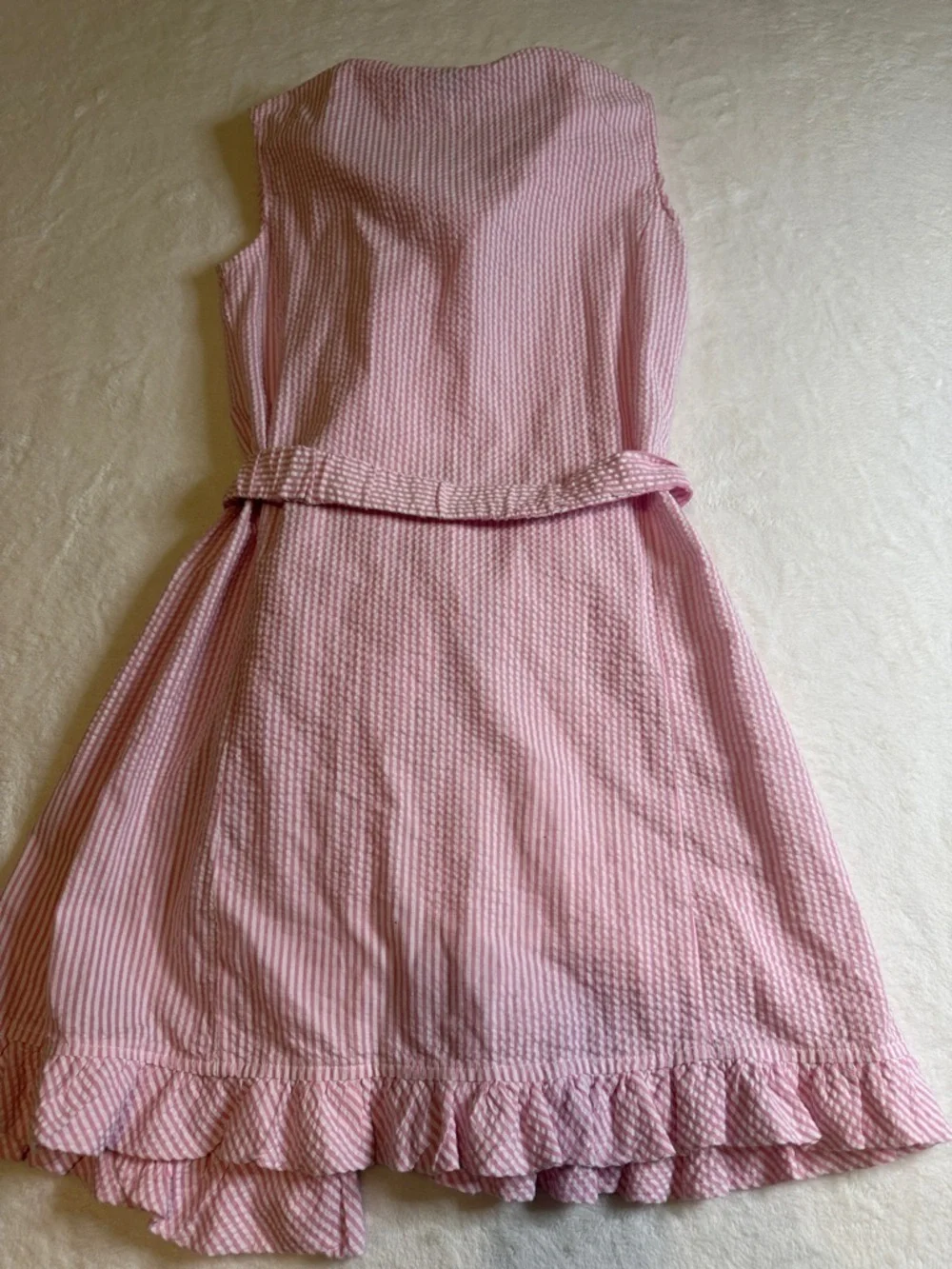 E.land Seer Sucker Pink Striped Ruffle Wrap Dress with Belted Waist